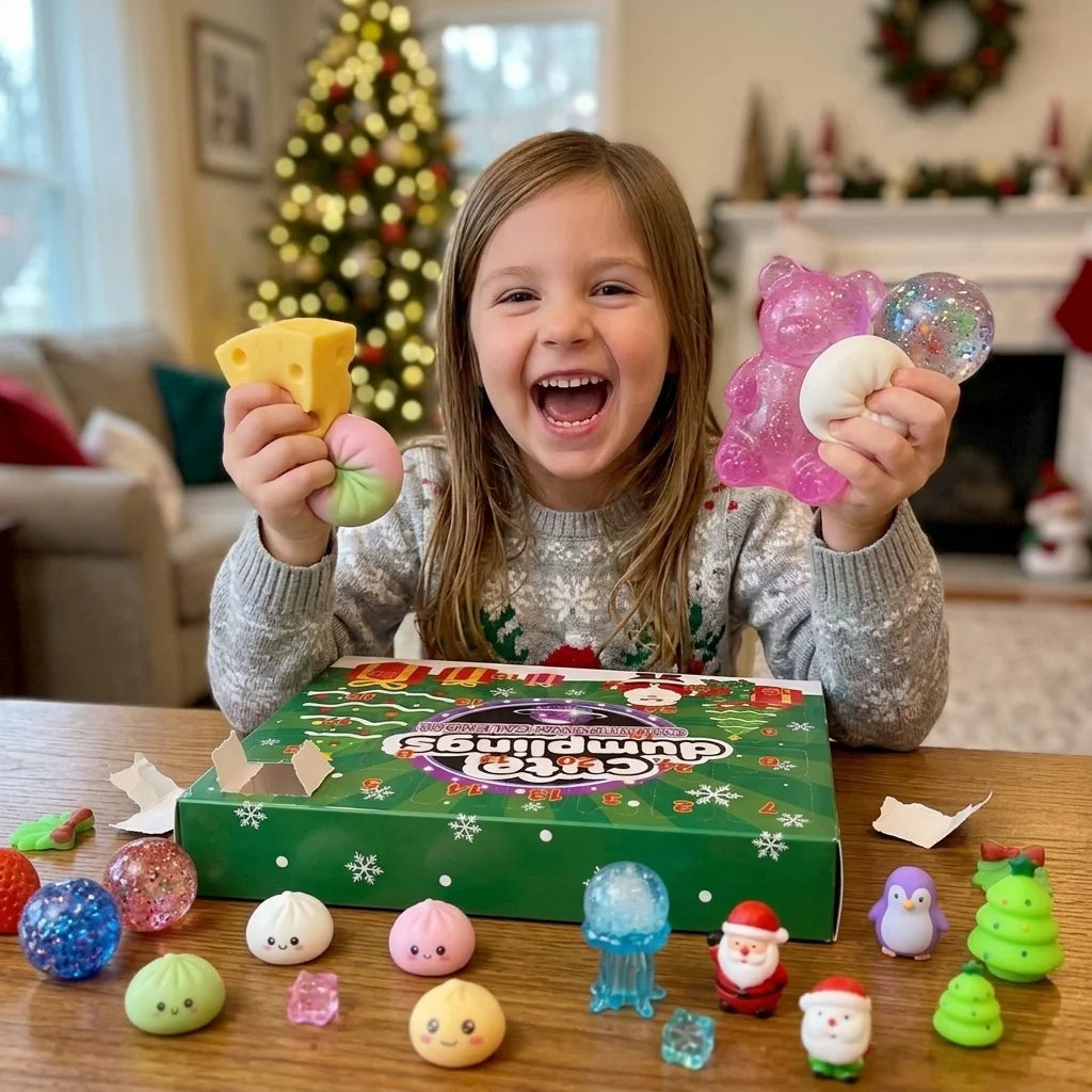 A young girl with long light brown hair sits at a wooden table in a cozy living room, smiling excitedly while holding two squishy toys. In front of her is a green box labeled 'Squishy Paws'.