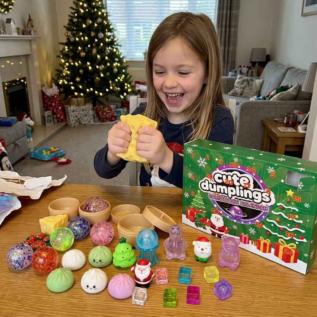 A young girl smiling and holding a yellow squishy toy while sitting at a wooden table with a box of 'Cute dumplings' Christmas advent toy set. The table is filled with various colorful, cute-shaped dumpling toys, and the background shows a cozy, decorated living room with a Christmas tree.