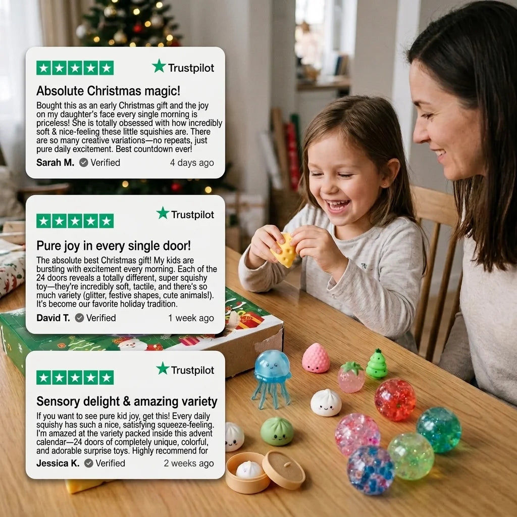 Three product review cards are overlaid on the left side of a lifestyle photo showing a woman and a young girl sitting at a wooden table with colorful squishy toys and Easter eggs. The reviews mention 'Absolute Christmas magic!', 'Pure joy in every single door!', and 'Sensory delight & amazing variety!'.