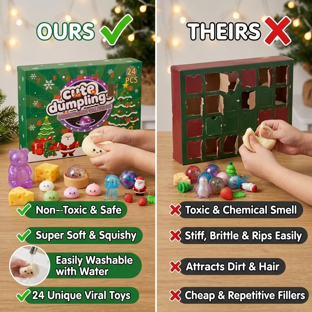 A side-by-side comparison graphic for a Christmas advent-style dumpling toy set. The left side shows the product box and several colorful dumplings on a table, with hands opening one of the dumplings.
