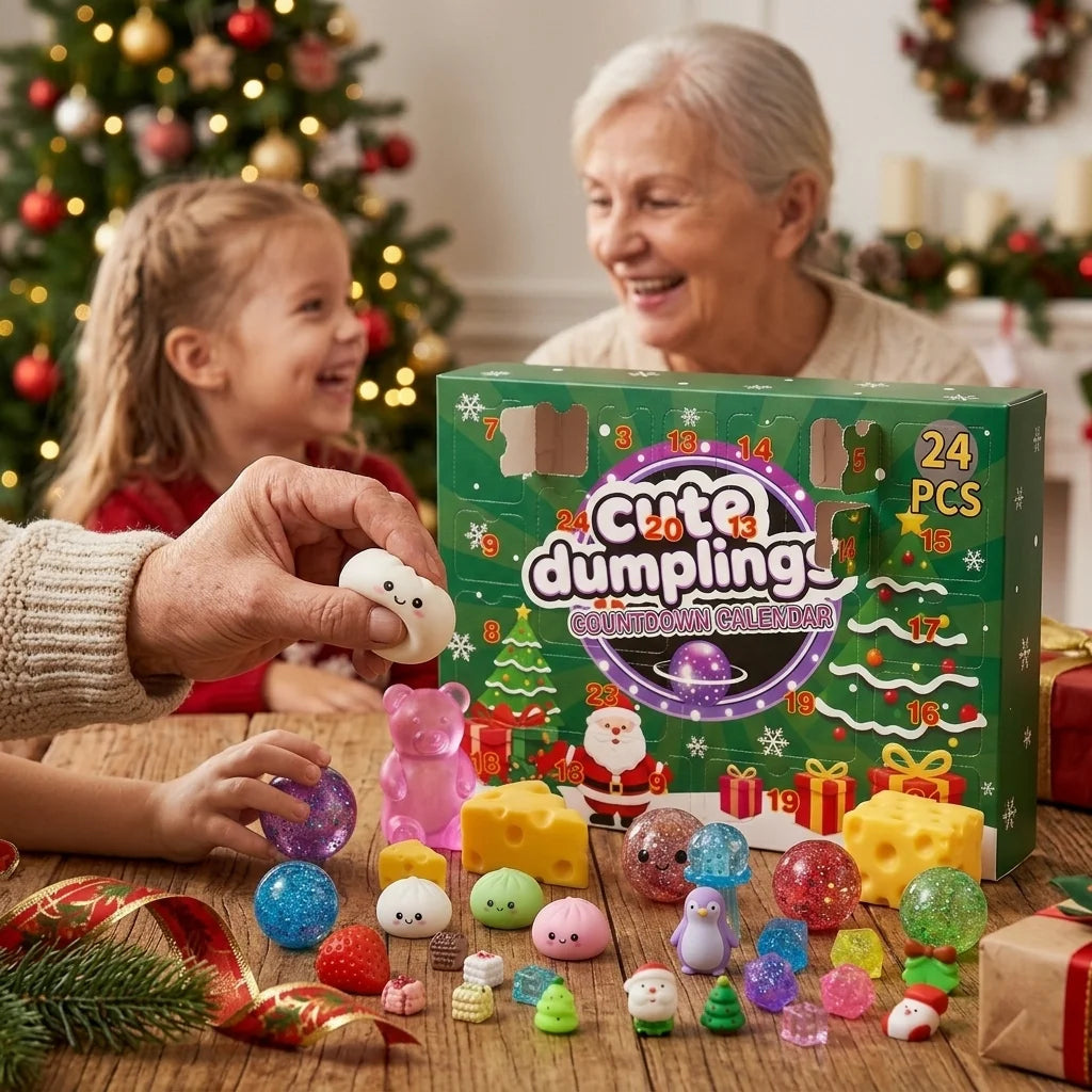 A festive Christmas scene showing a green advent-style box labeled 'cute dumplings Christmas advent' with many small colorful dumpling toys scattered on a table. An older woman and child are smiling in the background near a decorated Christmas tree, and an adult hand is holding one dumpling toy in the foreground.