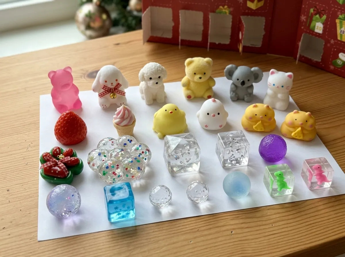 All 24 festive squishy toys that come inside the advent calendar