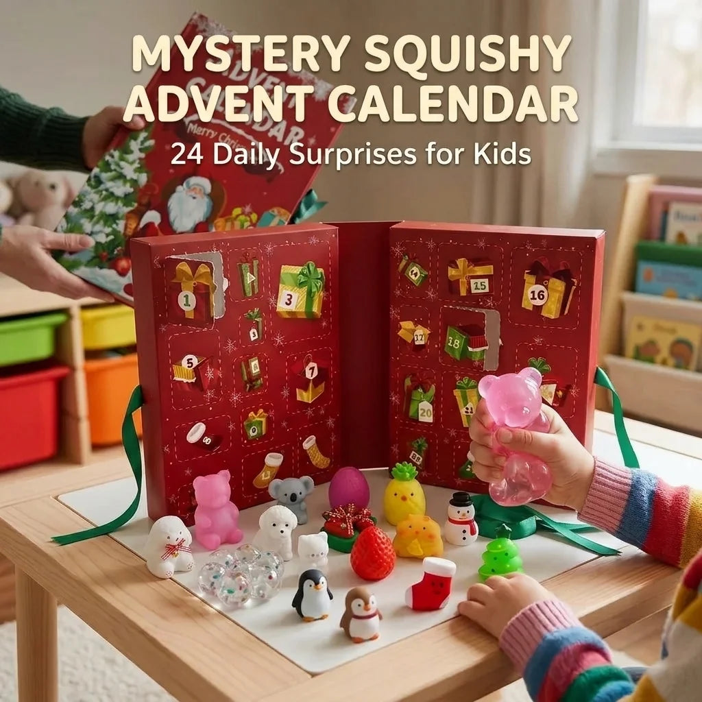 A red mystery squishy advent calendar set open on a wooden table, with children's hands reaching for small colorful squishy toys and accessories. Large text at the top reads 'MYSTERY SQUISHY ADVENT CALENDAR' and '24 Daily Surprises for Kids.