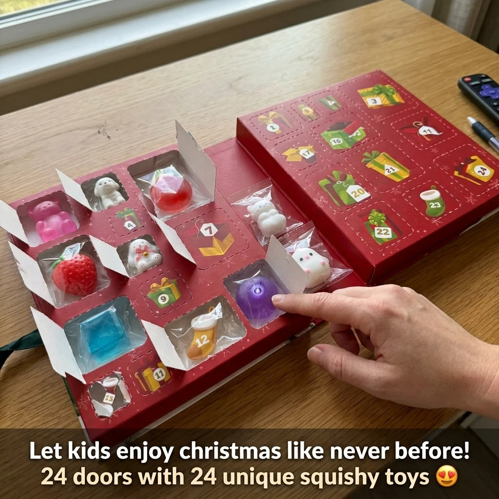 Many cute squishies inside of the doors of the Squishy Advent Calendar from Joy Traditions