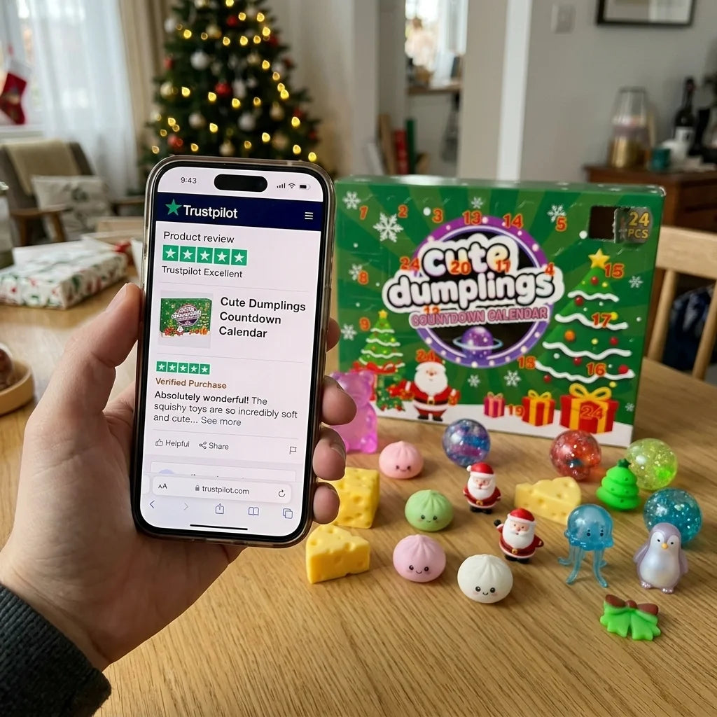 A hand holds a smartphone showing a Trustpilot review for the 'Cute Dumplings Countdown Calendar' in front of the product's green Christmas-themed box and several small colorful dumpling figures arranged on a wooden table in a living room.